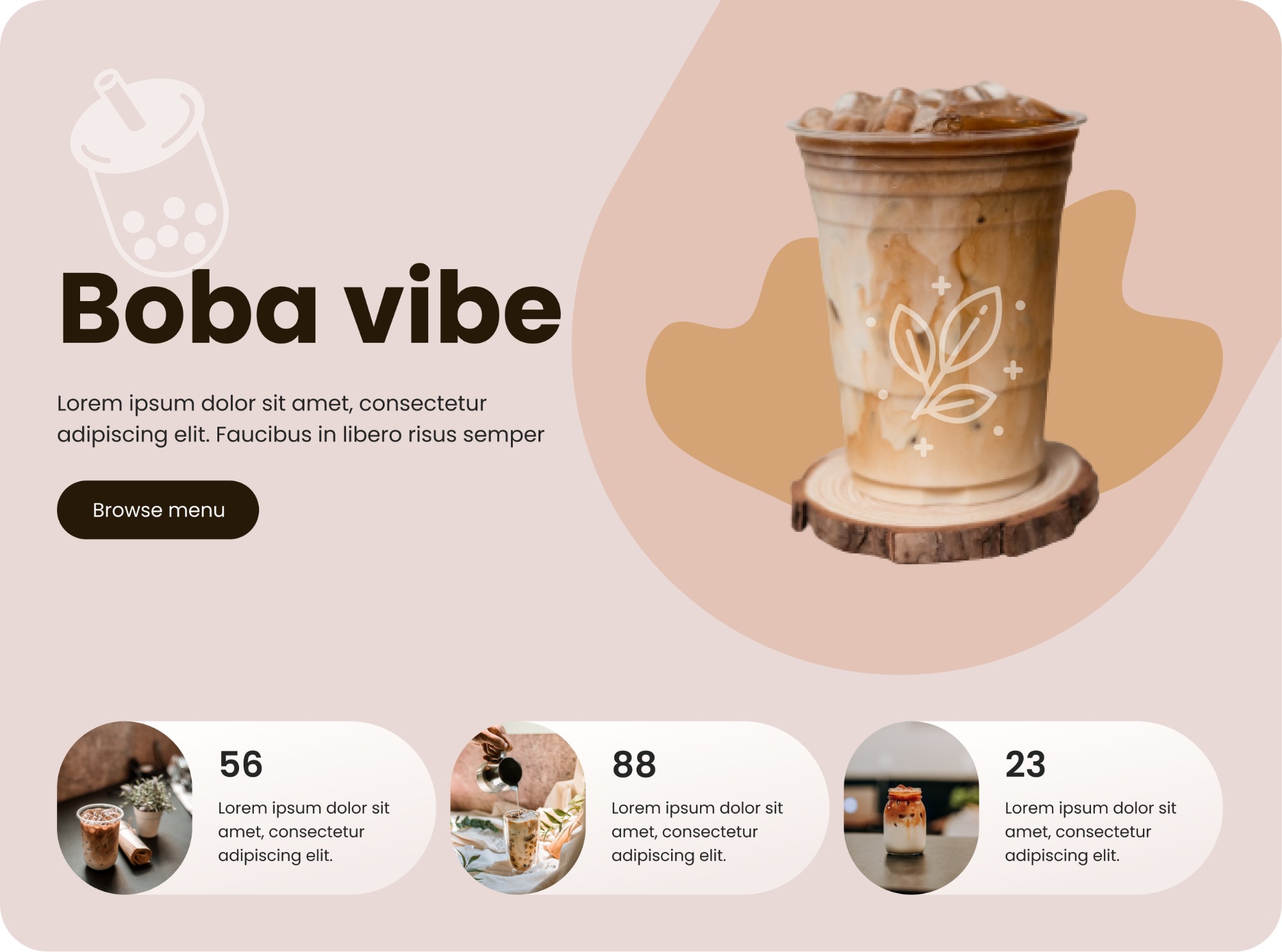 Boba vibe landing page concept with an iced boba drink hero shot