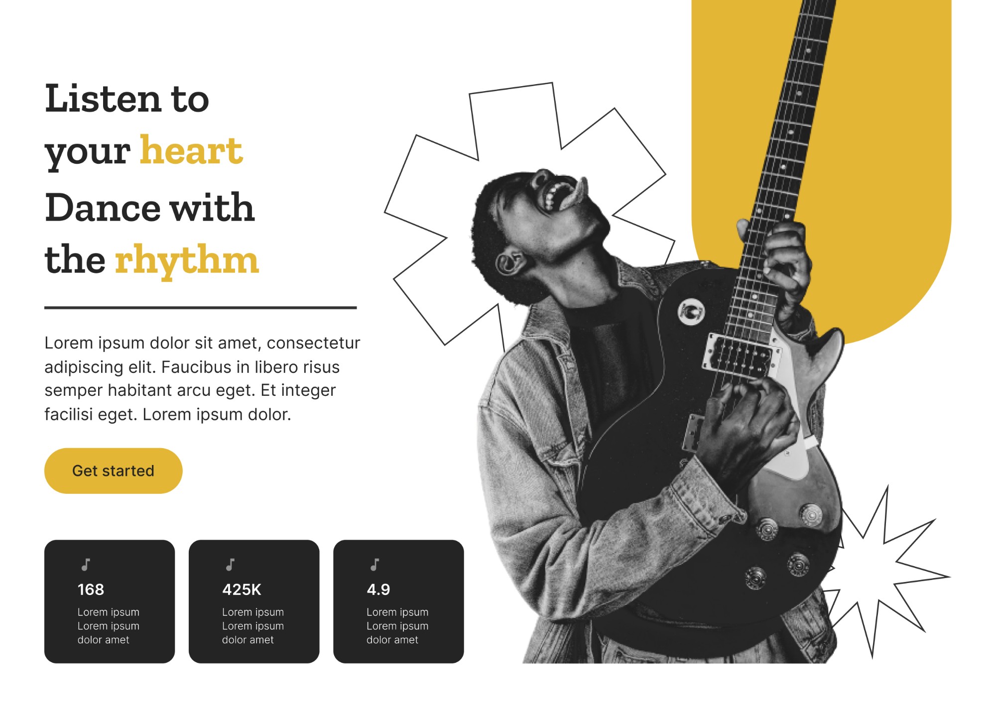 Listen to your heart, dance with the rhythm landing page concept with a guitarist hero shot