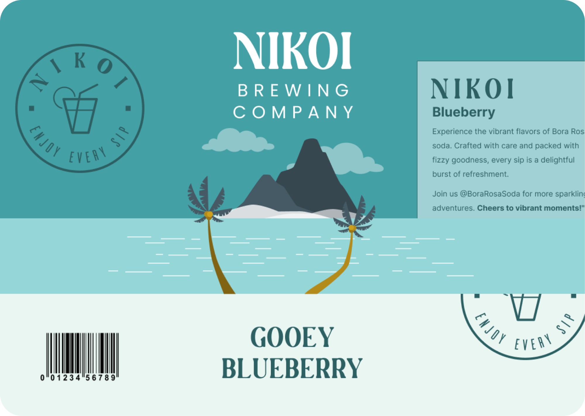 Nikoi Brewing Company blueberry soda label design with an island illustration