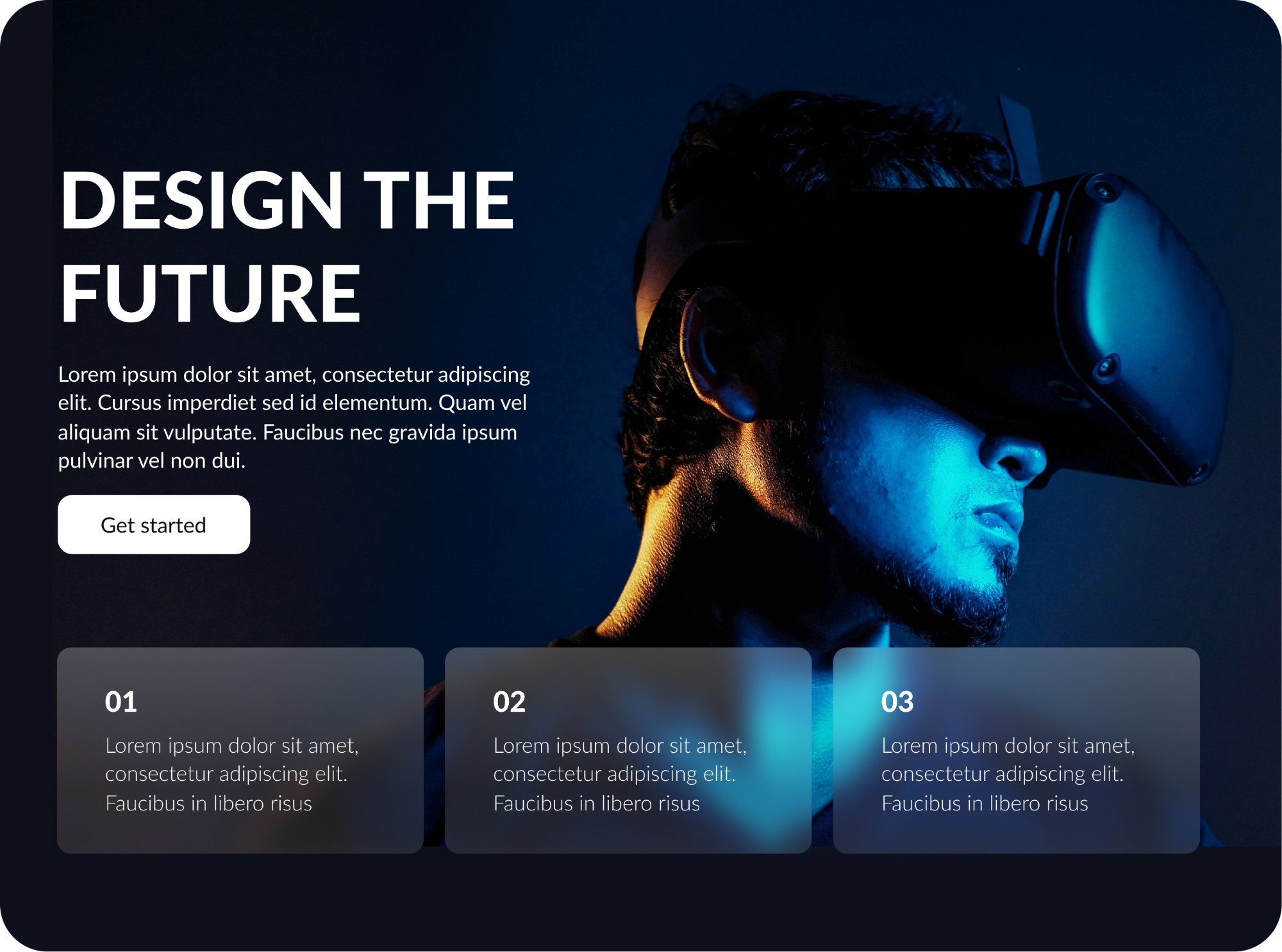 Design the future landing page concept with a VR headset hero shot
