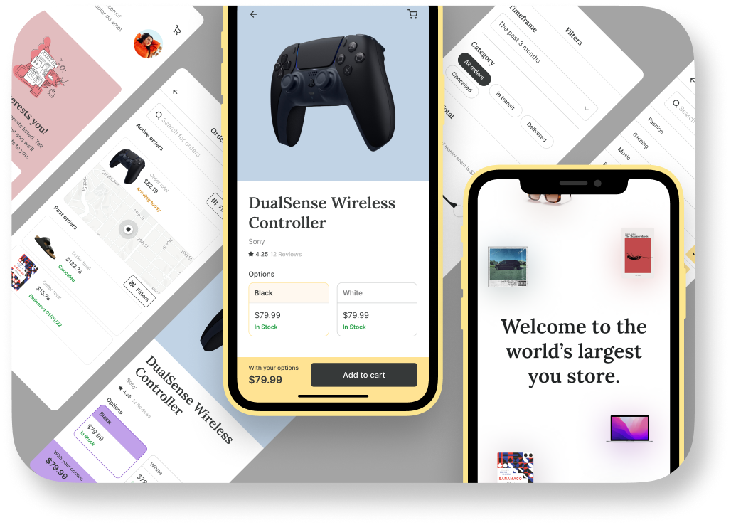 Ecommerce app product page and store screens