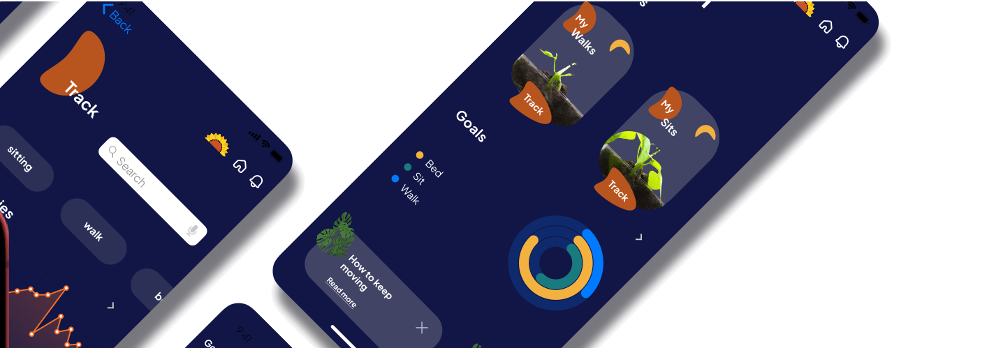 Plant B app screens fanned diagonally: Track, Goals, My Walks, My Sits