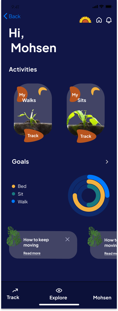 Activities screen with My Walks and My Sits tracking cards, and a goals progress ring