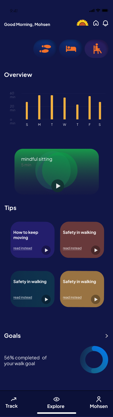 Good Morning dashboard with walk, bed and sit icons, weekly overview chart and tips