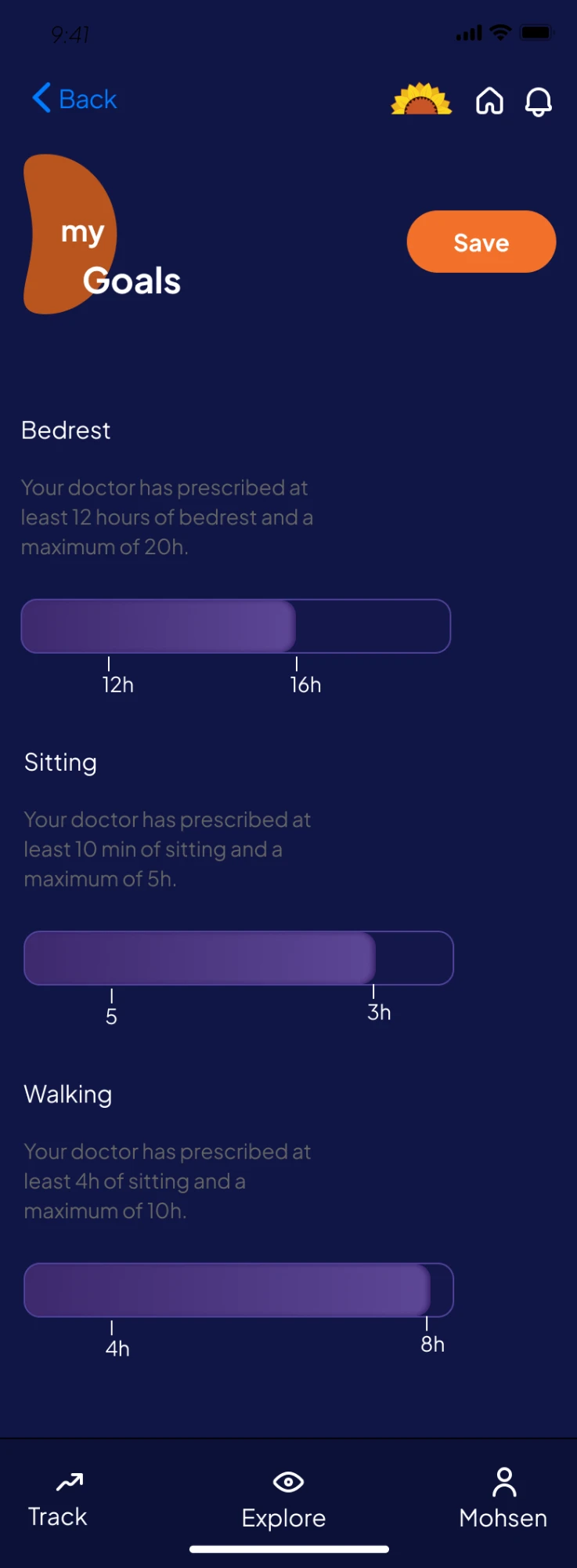 Goals settings screen with Bedrest, Sitting and Walking range sliders