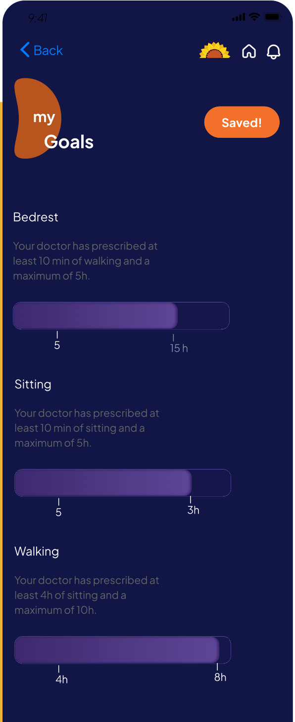 Goals screen with Bedrest, Sitting and Walking sliders prescribed by a doctor