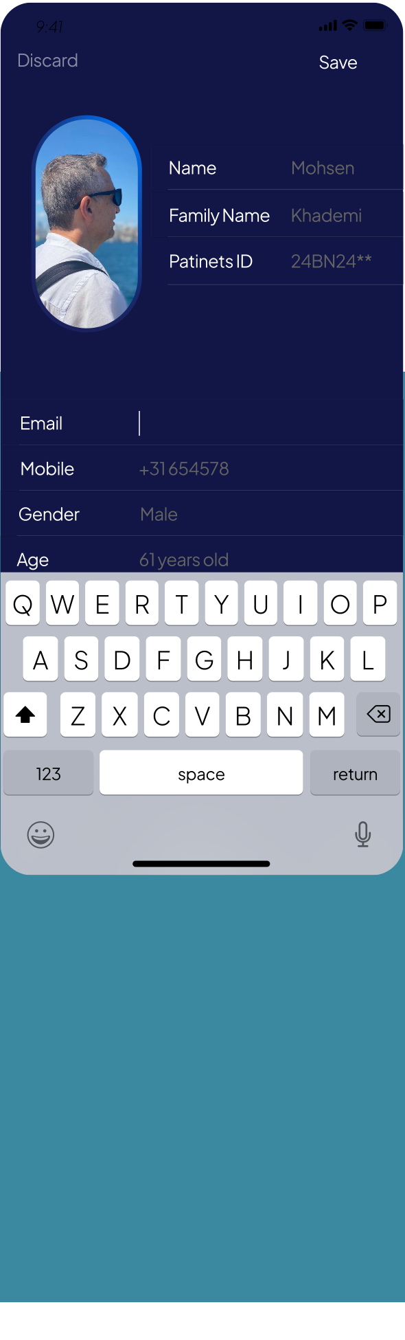 Patient profile editing screen with name and details