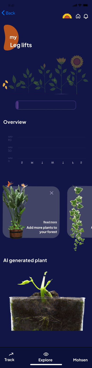 Leg lifts tracking screen with a growing virtual plant and weekly overview chart