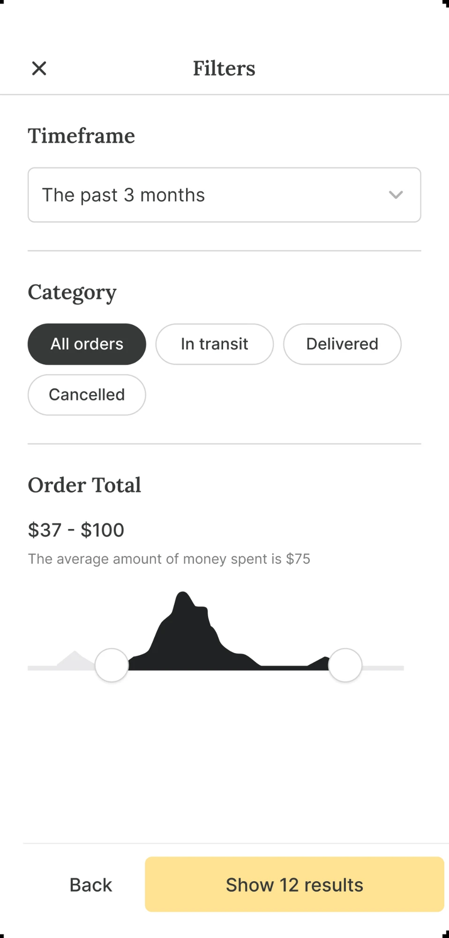Filters screen with timeframe, category and order total range