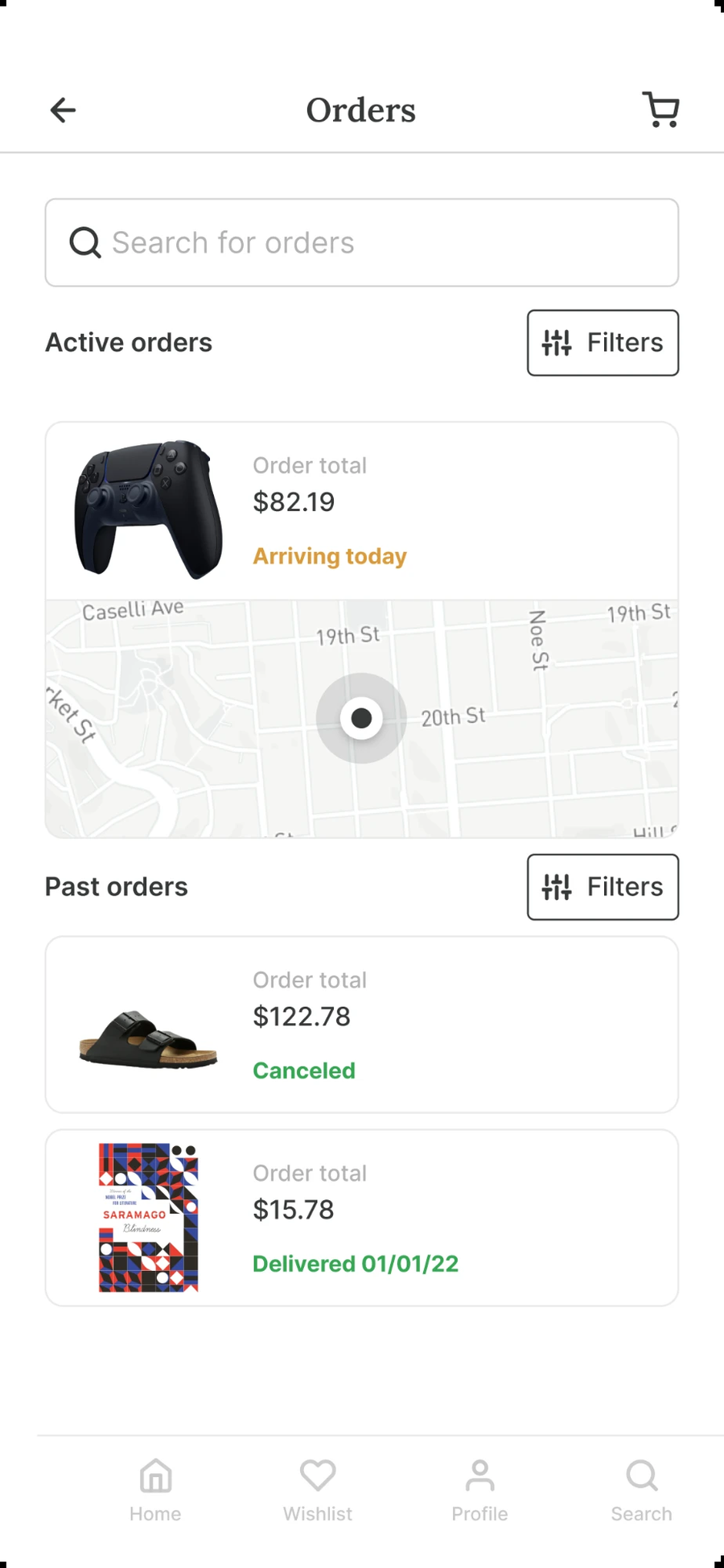 Orders screen with active order tracking map