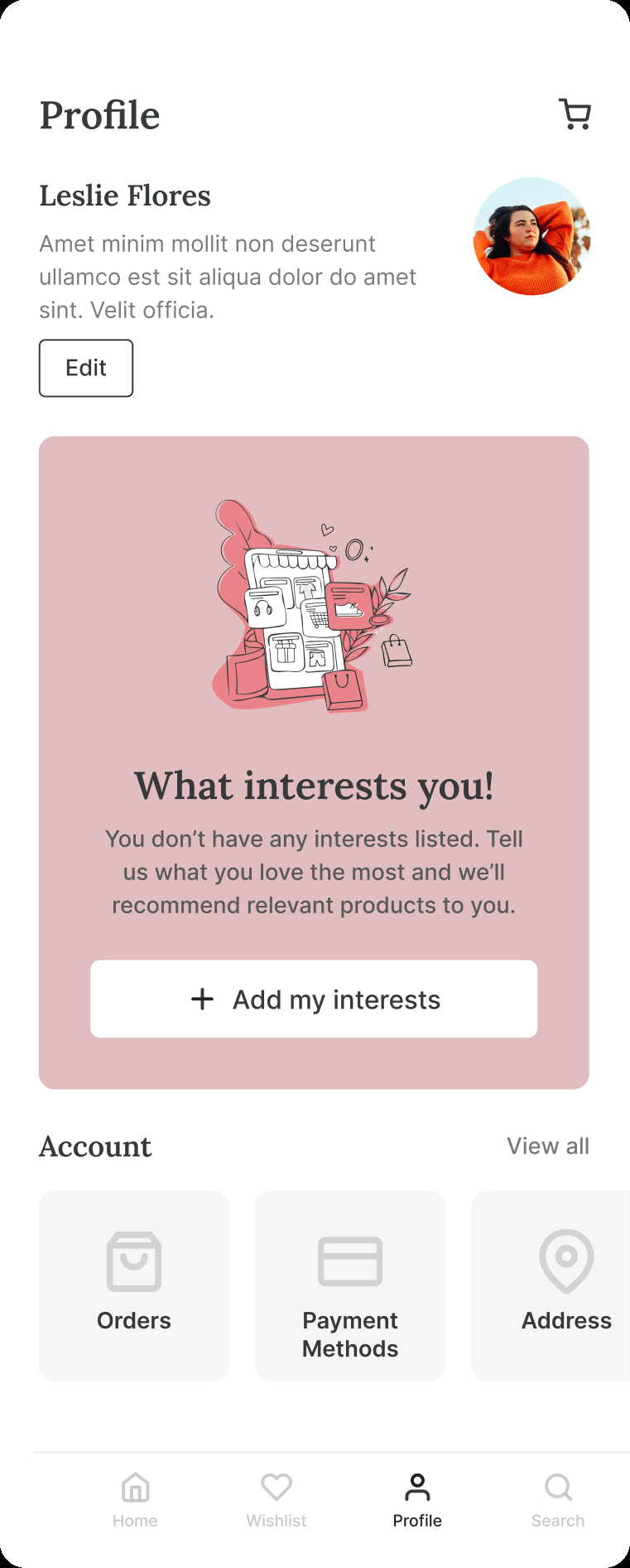 Profile screen with Leslie Flores and What interests you prompt
