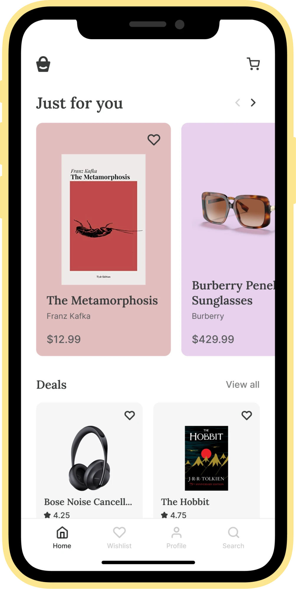 Just for you home feed with deals, phone mockup