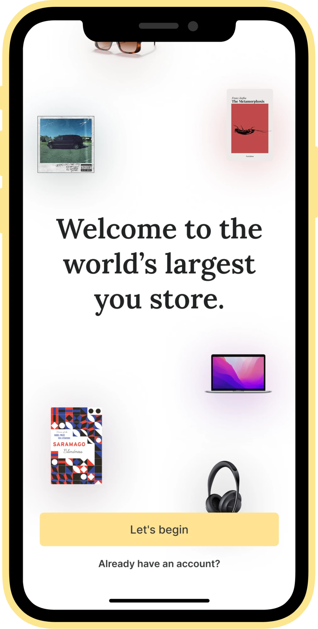 Welcome to the world's largest you store onboarding screen, phone mockup