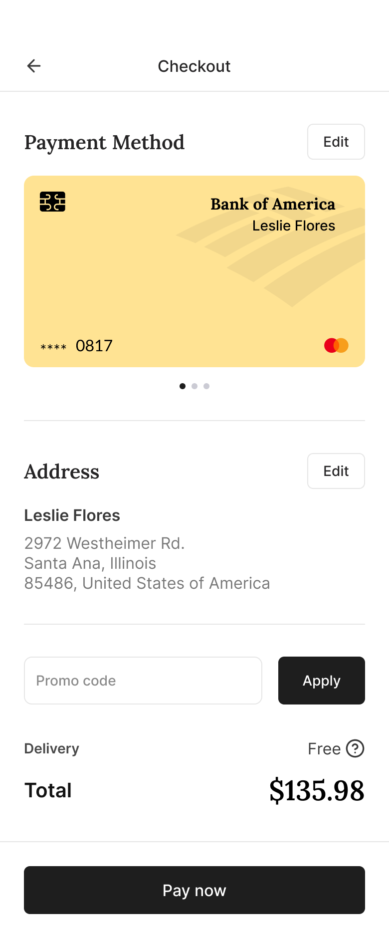 Checkout screen with payment method, address and total