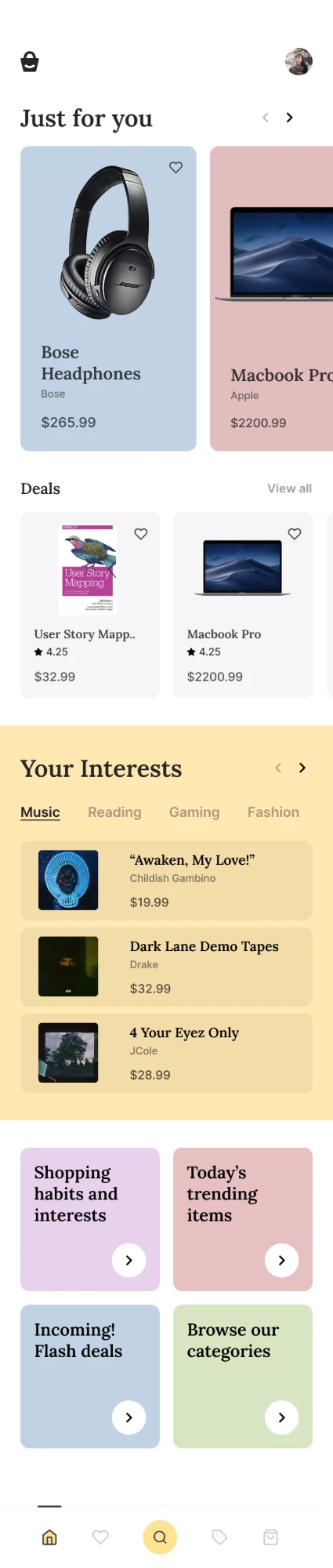 Home feed with Just for you, Deals and Your Interests