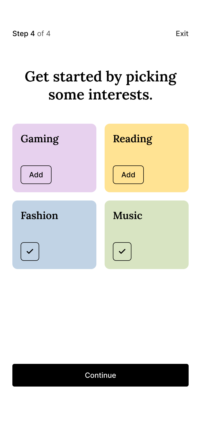 Get started by picking some interests onboarding step