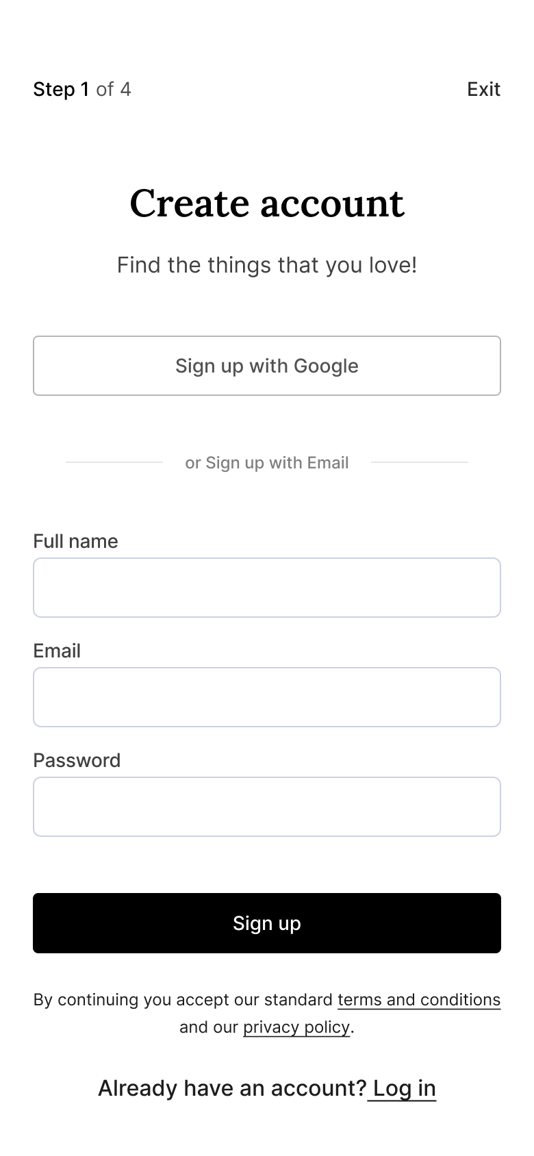 Create account screen with sign up with Google or email