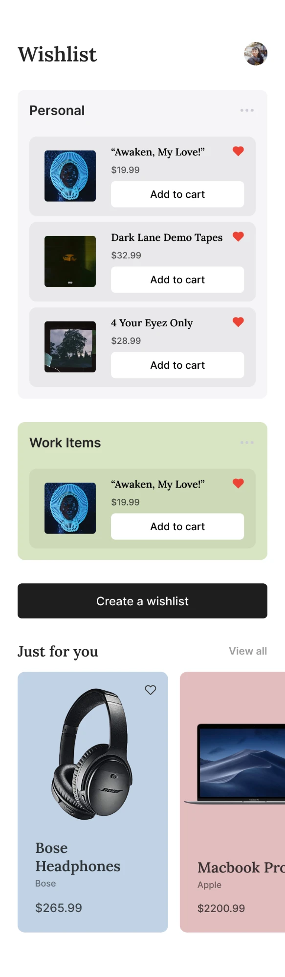 Wishlist screen with Personal and Work Items collections