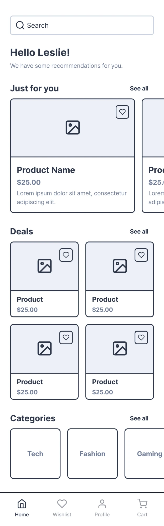 Low-fidelity wireframe of the home screen with search, Just for you, Deals and Categories