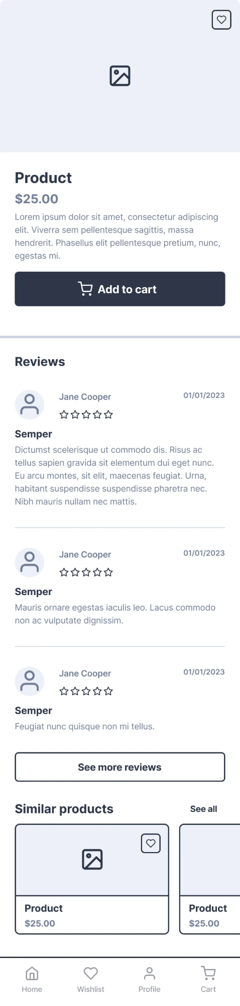 Low-fidelity wireframe of a product detail screen with reviews and similar products
