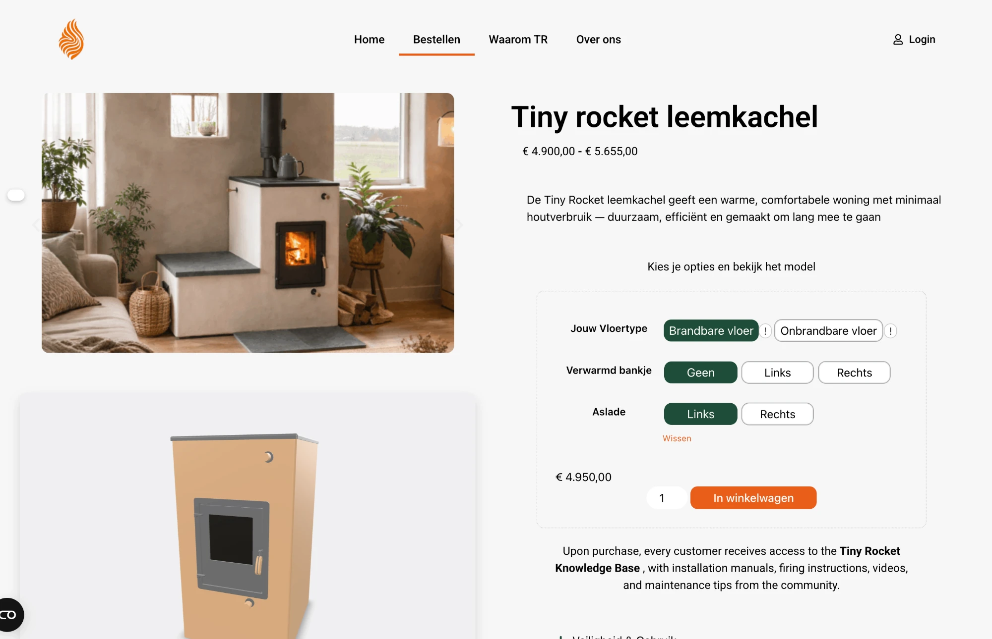 Tiny Rocket product page with live 3D stove configurator: floor type, heated bench and ash drawer options updating the model and price