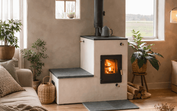 Cream-coloured Tiny Rocket stove with a heated bench, countryside view through the window