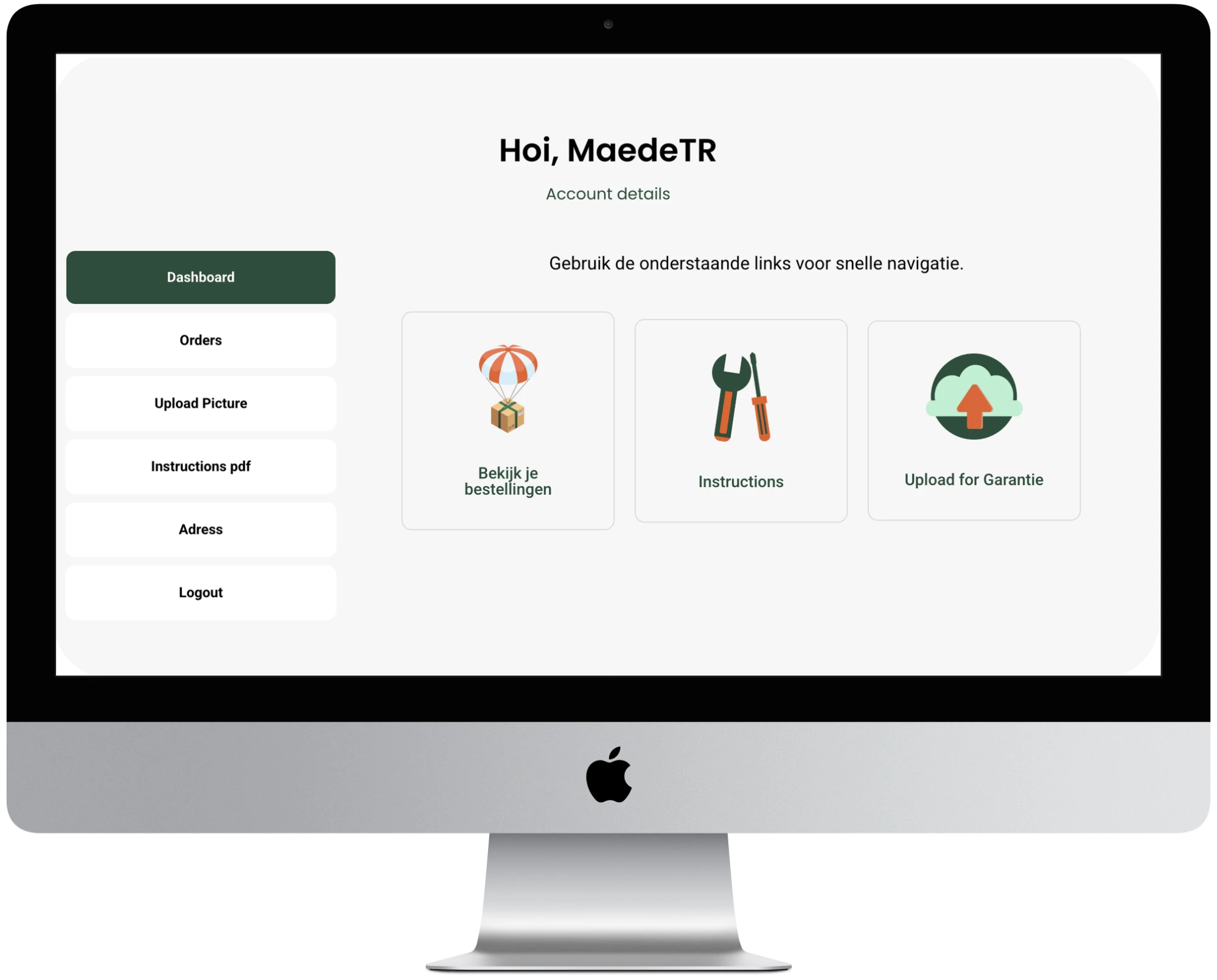 Full account dashboard: Hoi, MaedeTR, with orders, instructions and warranty-upload shortcuts